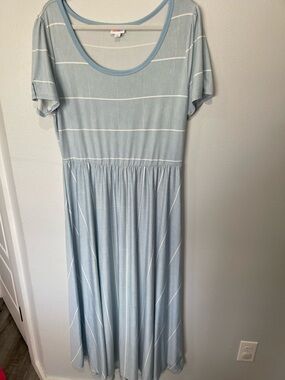 LuLaRoe Pale Blue and White Striped Scoop-Neck Maxi Dress